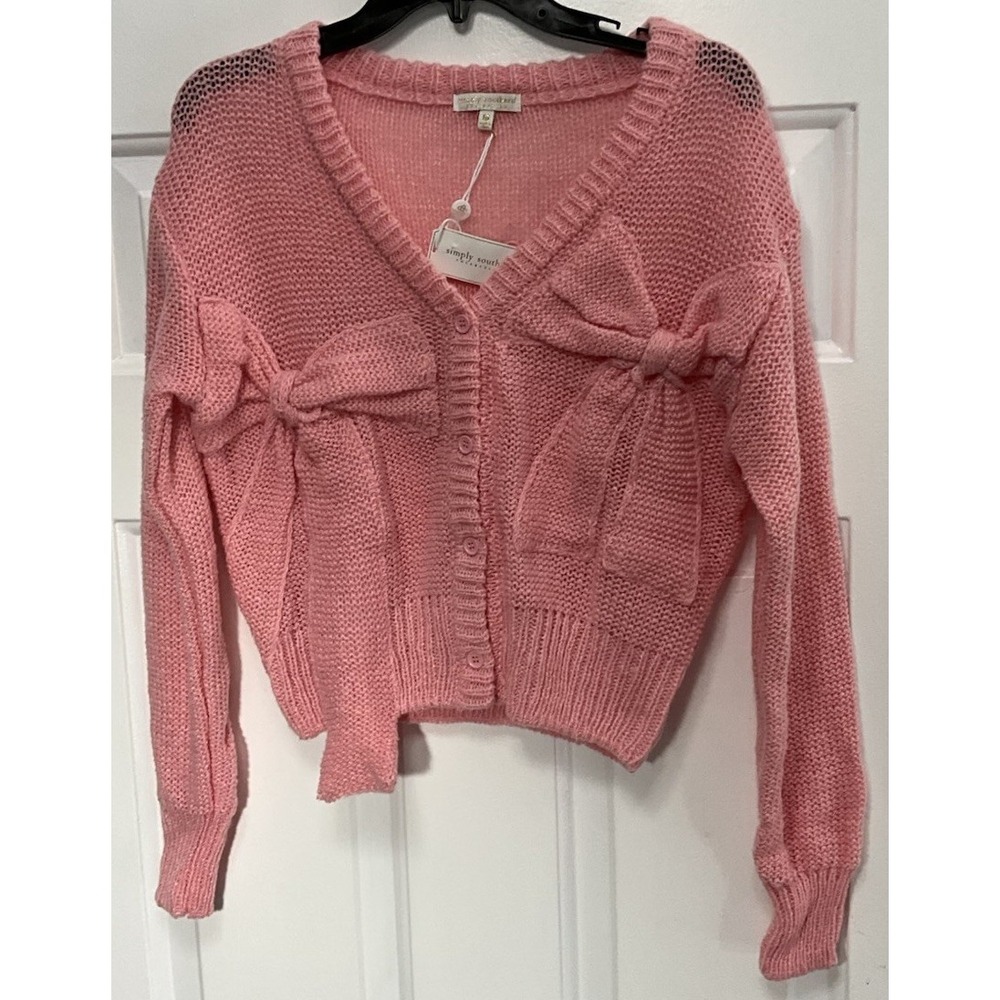 Simply Southern Pink Button-Up Victoria Cardigan Bow Cropped Women's Medium